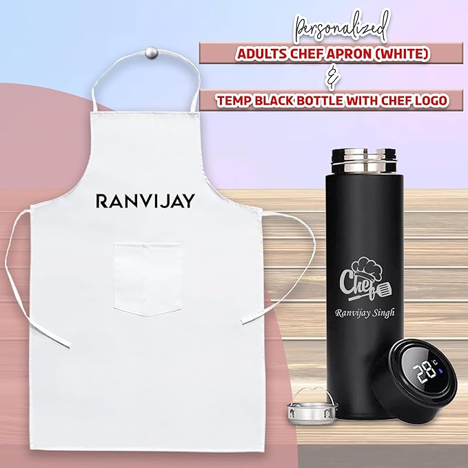 Chef's Custom Gift Combo - White Apron & Steel Bottle with Logo.