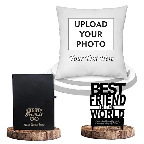 Friendship Day Combo - Photo Cushion, Acrylic Stand, Engraved Diary