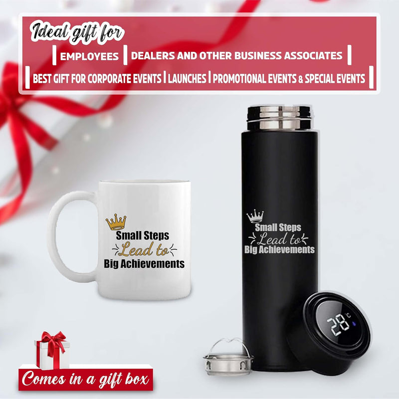 Corporate Gift Set - Bottle & Coffee Mug with 'Small Steps Lead to Big Achievements' Quote Engraving