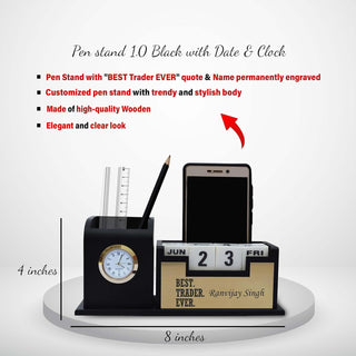 Customized Trader Gift Set – Black-Gold Slim Pen, Pen Stand with Clock