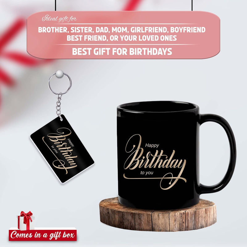 Black Ceramic Birthday Theme Mug & Keychain.