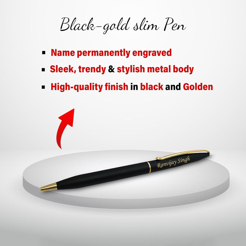 Dentist Professional's Desk Set- Black-Gold Slim Pen & Pen Stand with Date & Clock