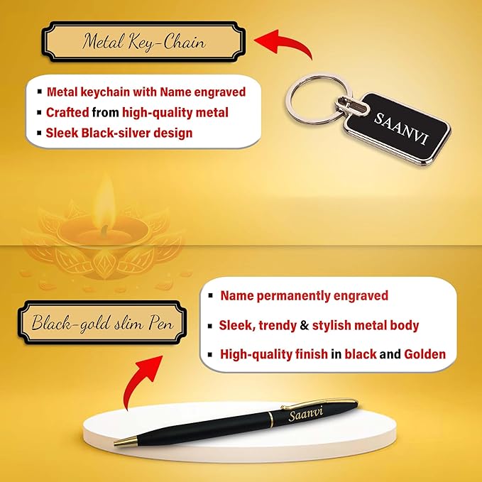 Diwali Combo for Women - Custom Clutch, Pen & Metal Keychain