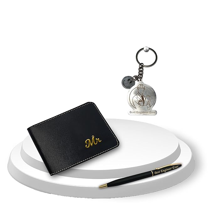 Gifts Engineer Combo (Male) – Engraved Pen, Keychain & Wallet with King Charm