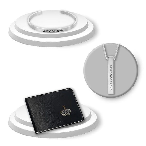 Gifts Combo for Male Friends-Silver Adjustable Kada, Leather Men's Wallet and Silver Bar Pendant