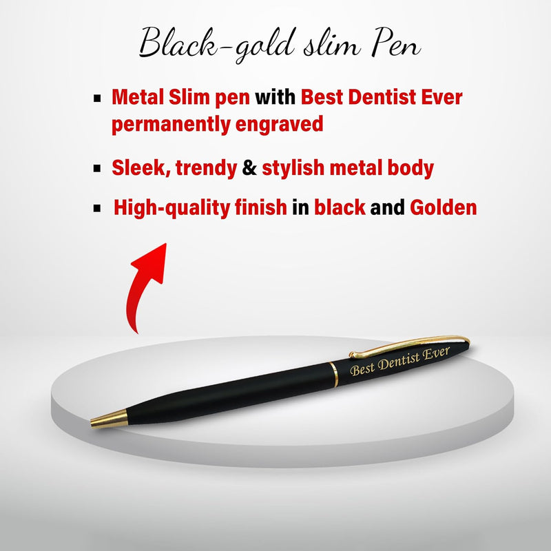 Black-Gold Pen & Pen Stand with ‘Best Dentist Ever’ Engraving – Perfect Gift for Dentists