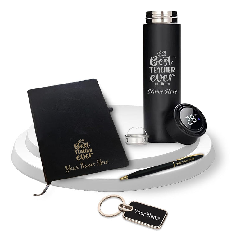 Teacher Gift Set-Metal Keychain, Temp Black Bottle,Black-Gold Slim Pen,& A5 Black Diary.