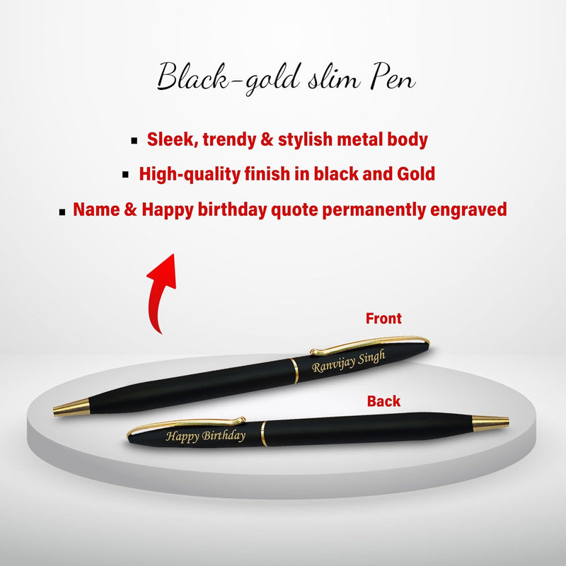 Bottle, Black Gold Slim Pen, Metal Keychain Combo