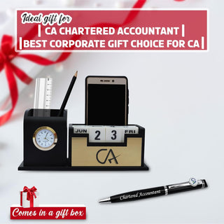 Chartered Accountant Gift Set – Black-Gold Pen & CA Logo Pen Stand.