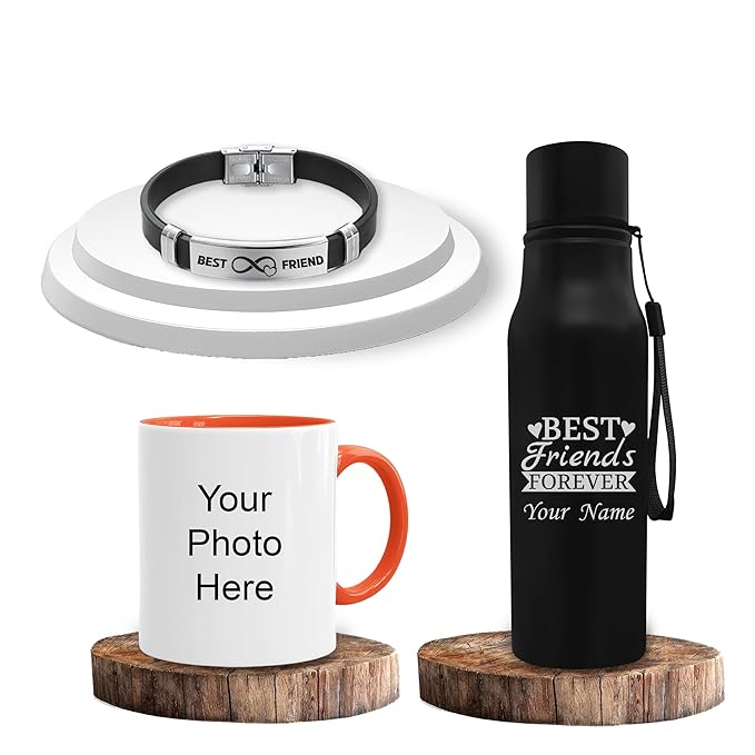 Personalized Friendship Day Set - Bracelet, Photo Mug, & Engraved Black Bottle.