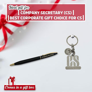 CS Combo - Keychain with Smiley Charm & Black-Gold Pen Engraved 'Company Secretary'