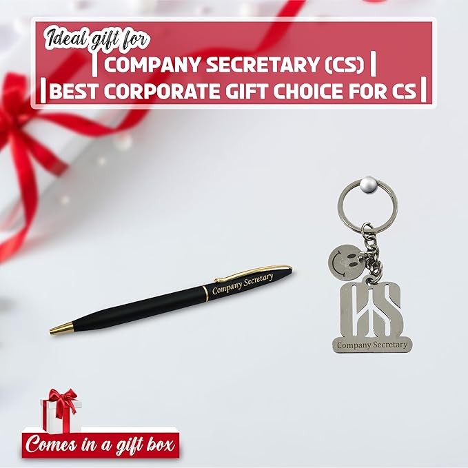 CS Combo - Keychain with Smiley Charm & Black-Gold Pen Engraved 'Company Secretary'