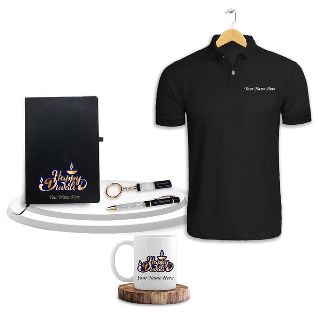 Diwali Gifts - Crystal Pen & Keychain , Black T-Shirt , Diwali Mug & Leather Diary