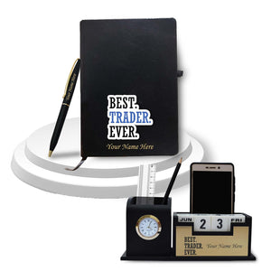 Gift Set – Black-Gold Slim Pen, Pen Stand with Clock