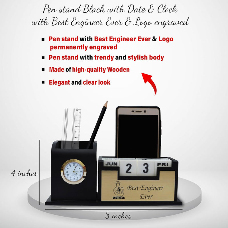 Engineer Combo Set – Slim Pen with 'Best Engineer Ever' Engraving & Pen Stand with Date & Clock