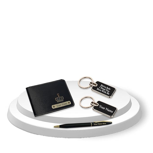 Metal Keychain, Slim Pen & Leather Wallet Combo- Ideal Gift for Father