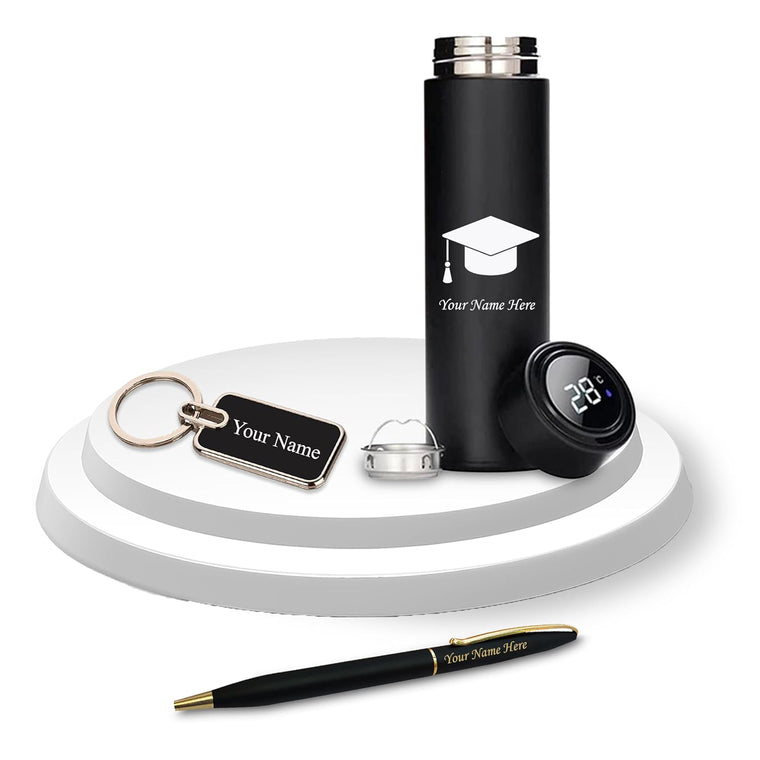 Graduation Gift Combo- Slim Pen, Metal Keychain and Black Bottle