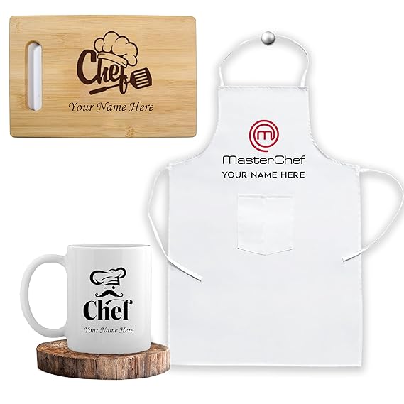 Chef's Personalized Combo - Master Chef Apron, Mug & Custom Chopping Board.