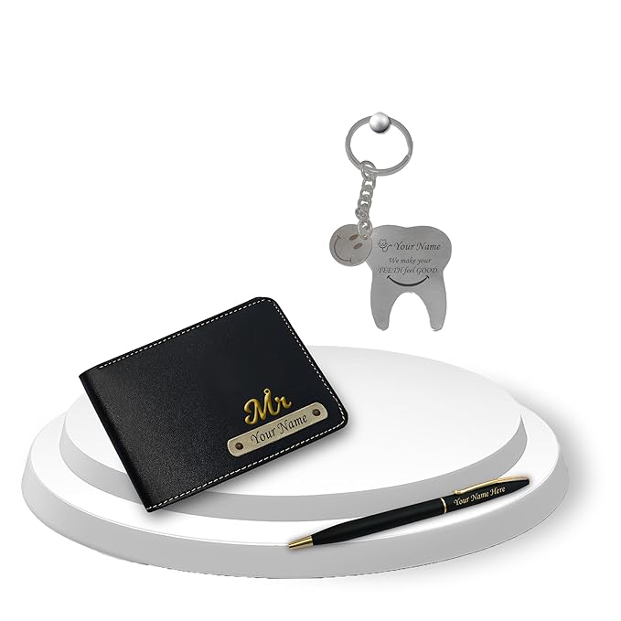 Dentist Combo-Keychain with Dentist Logo, Dental Symbol Pen & Wallet-Customized with Your Name