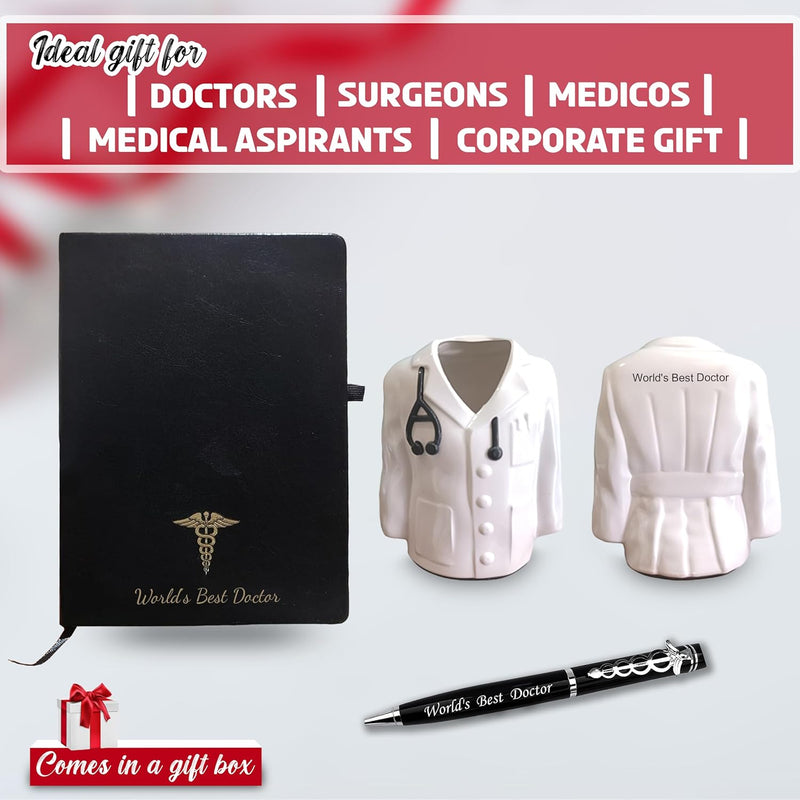 Doctor's Gift Set: Fiber Dr. Coat Pen Stand, Doctor Pen, and Black Diary