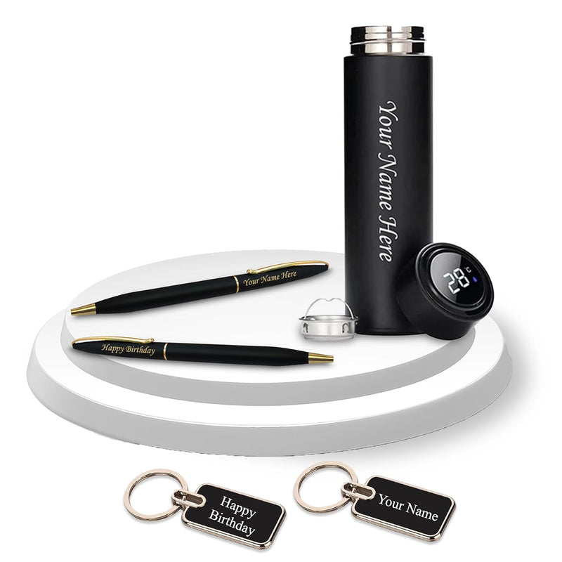 Bottle, Black Gold Slim Pen, Metal Keychain Combo