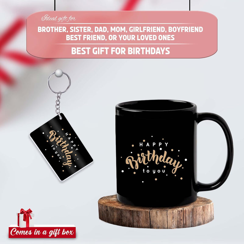 Black Ceramic Birthday Theme Mug & Keychain.