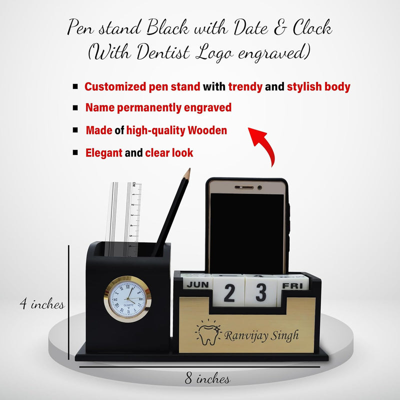 Dentist Professional's Desk Set- Black-Gold Slim Pen & Pen Stand with Date & Clock