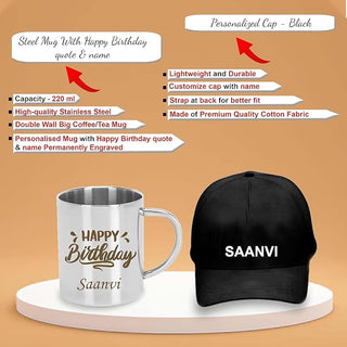 Kids' Birthday Gift Combo - Custom Cap, T-Shirt, & Steel Mug.