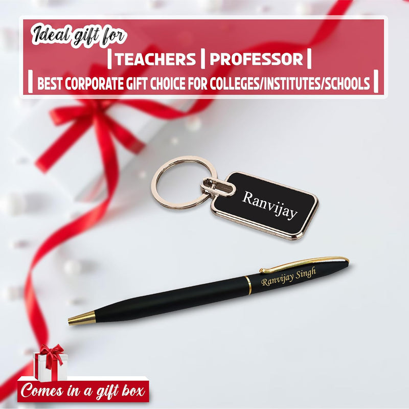 Teacher's Set: Custom Engraved Teacher Keychain & Black-Gold Pen.