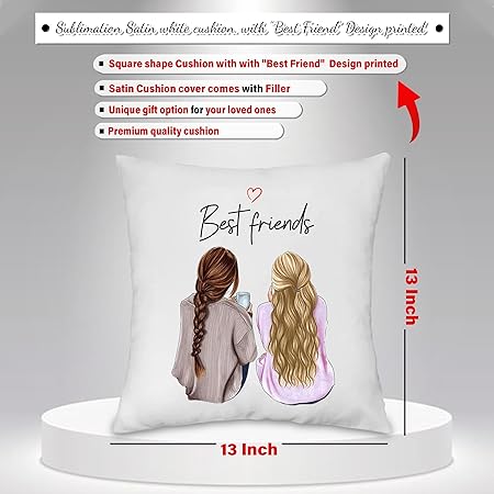 Female Friends-Sublimation Satin White Cushion,Acrylic Stand& Black Leather Diary- FriendshipDay