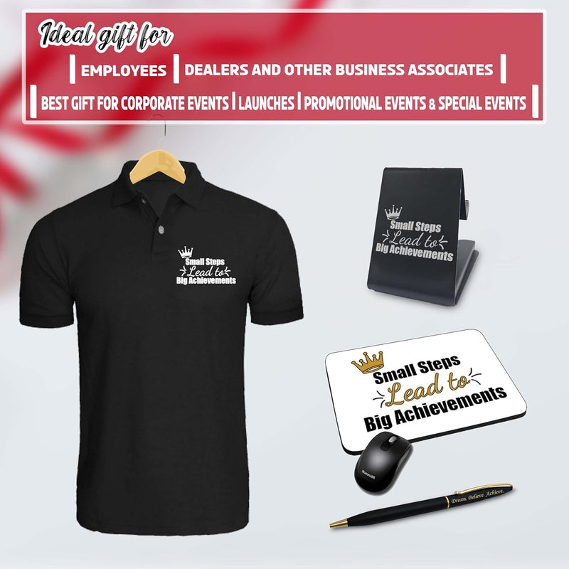 Corporate Gift Set-Pen, Mouse Pad, Mobile Stand, Black Polo T-Shirt with Quote Printed.