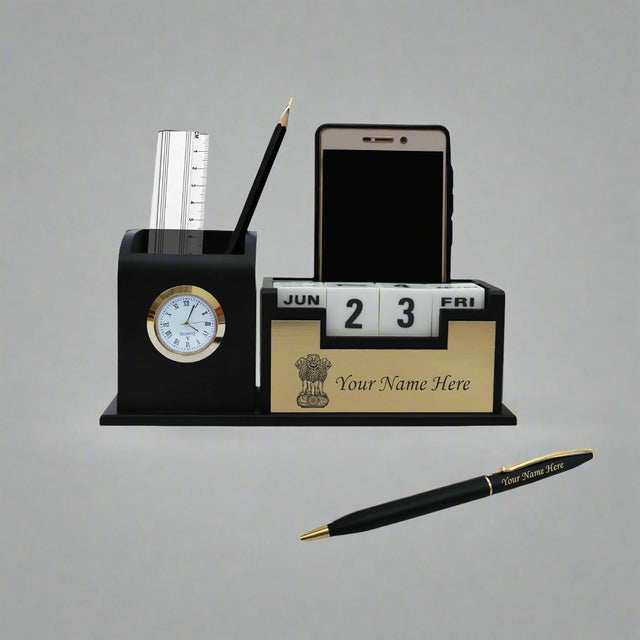 Elegant Officer Gift Set: Black-Gold Pen & Penstand.