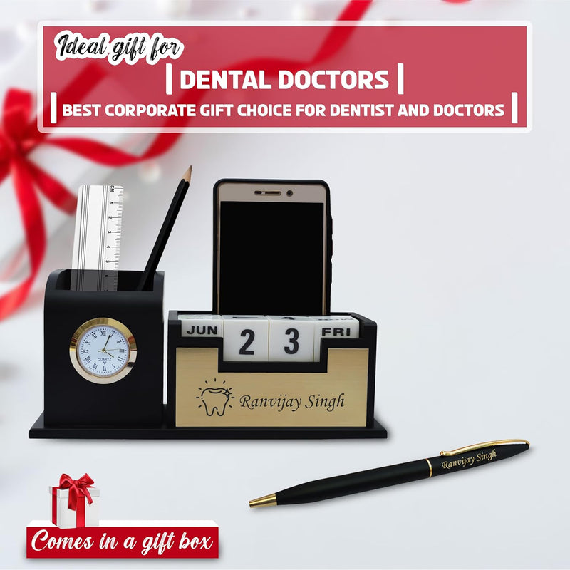 Dentist Professional's Desk Set- Black-Gold Slim Pen & Pen Stand with Date & Clock