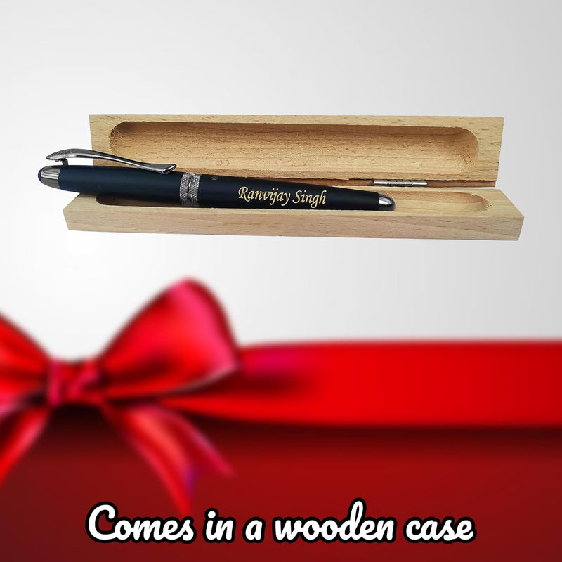 Personalized Steel Grey Leaf Pen with Custom Wooden Box