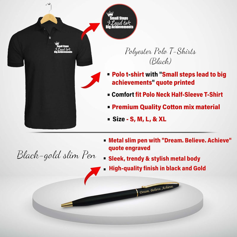 Corporate Gift Set-Pen, Mouse Pad, Mobile Stand, Black Polo T-Shirt with Quote Printed.