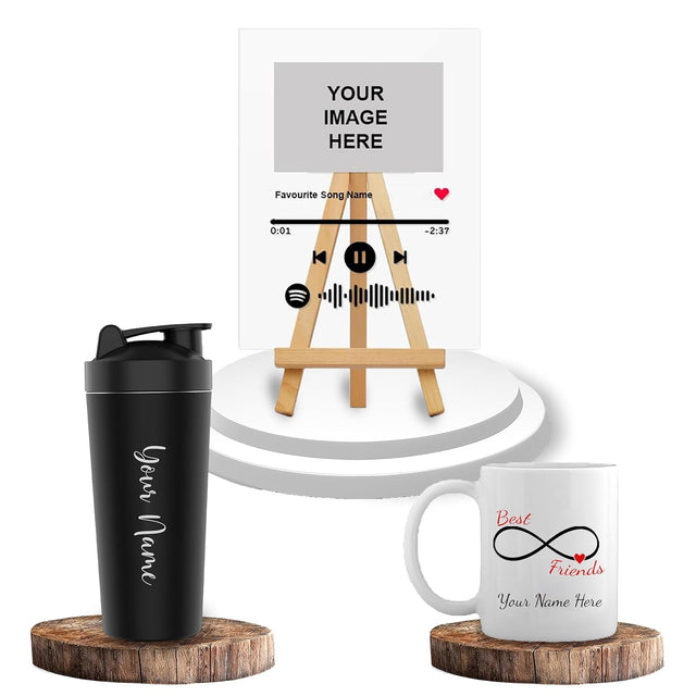 Friendship Day Gift Set - Custom Mug, Spotify Frame, Name Gym    Shaker