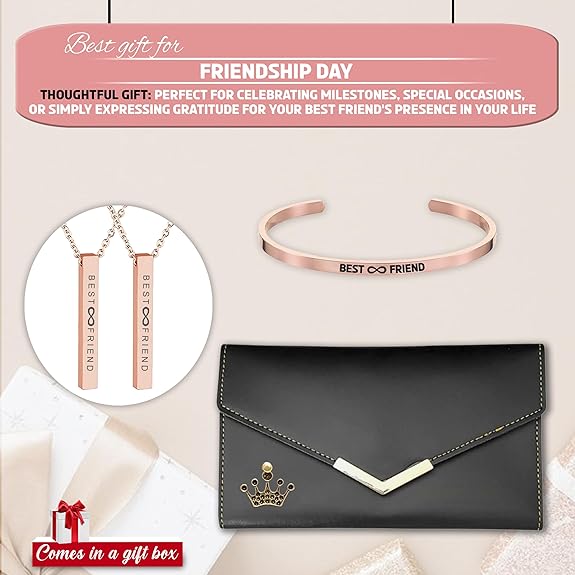 Gifts Combo for Female Friends - Silver Adjustable Kada, Premium Leather Clutch, and Rose Gold Bar Pendants