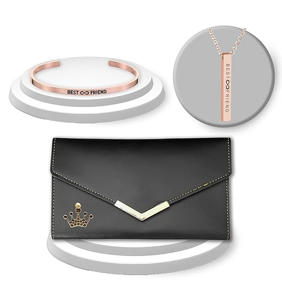 Gifts Combo for Female Friends - Silver Adjustable Kada, Premium Leather Clutch, and Rose Gold Bar Pendants