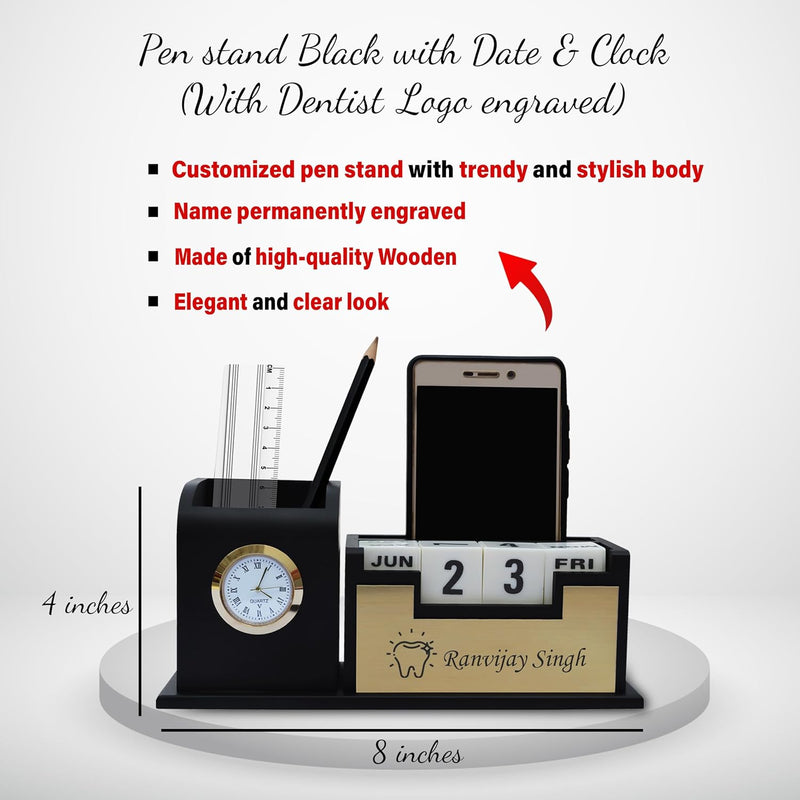 Dentist Professional's Set- Black-Gold Slim Pen, Pen Stand 1.0 with Date & Clock (Dentist Logo), and A5 Black Diary