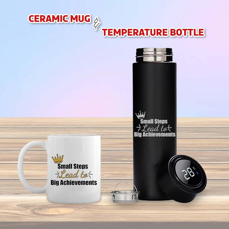 Corporate Gift Set - Bottle & Coffee Mug with 'Small Steps Lead to Big Achievements' Quote Engraving