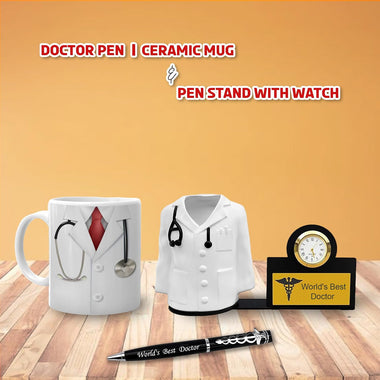 Docto's set of Pen, Pen Stand with Watch, and Coffee Mug