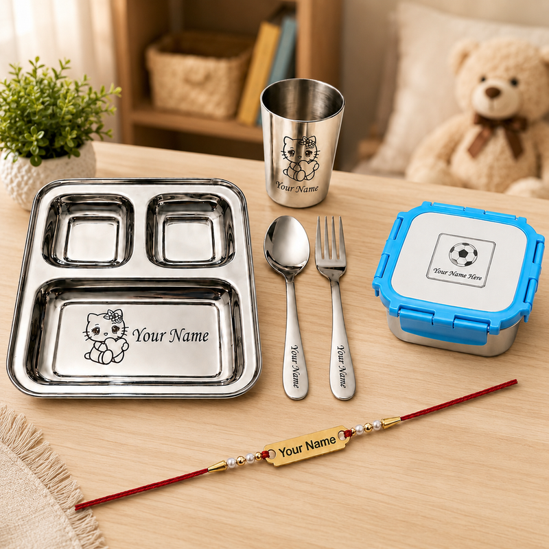 Customized Rakhi Gift Set | Custom Name Engraved 3 Compartment Steel Plate, Lunch Box & Foil Rakhi