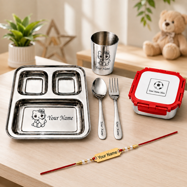 Customized Rakhi Gift Set | Custom Name Engraved 3 Compartment Steel Plate, Lunch Box & Foil Rakhi