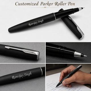 Customized Brown Diary & Branded Parker Roller Pen Gift Set with Name Engraved.
