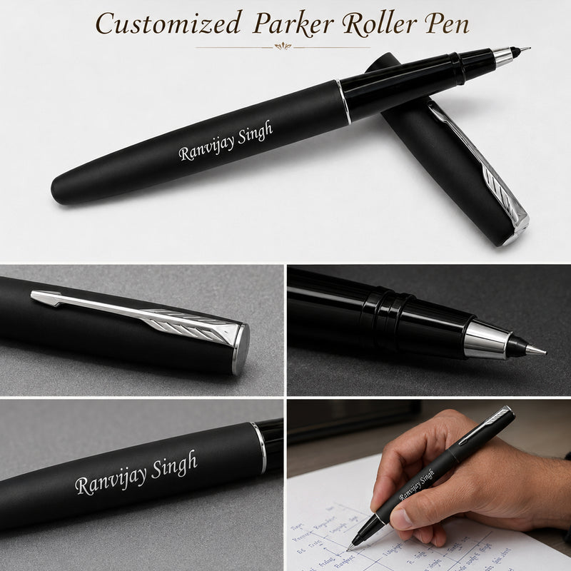 Customized Brown Diary & Branded Parker Roller Pen Gift Set with Name Engraved.