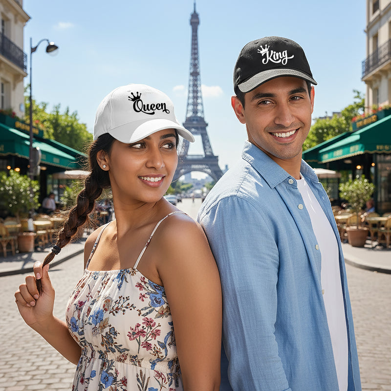 King & Queen Printed Couple Caps – Matching Hats for Couples (Set of 2)