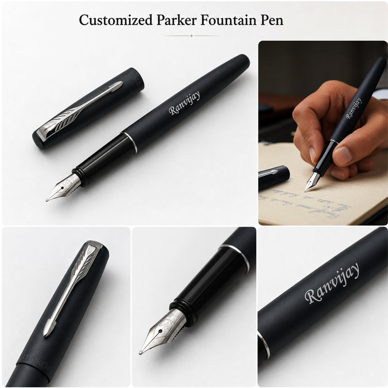 Customized Brown Diary & Branded Parker Fountain Pen Gift Set with Name Engraved.
