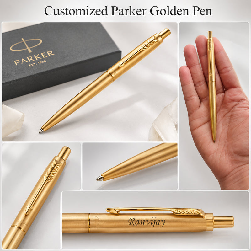Customized Brown Diary & Branded Parker Golden Pen Gift Set with Name Engraved.