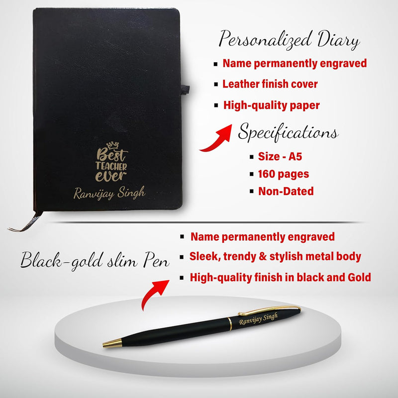 Teacher Gift Set-Metal Keychain, Temp Black Bottle,Black-Gold Slim Pen,& A5 Black Diary.