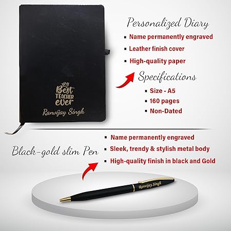 Teacher Gift Set-Metal Keychain, Temp Black Bottle,Black-Gold Slim Pen & A5 Black Diary